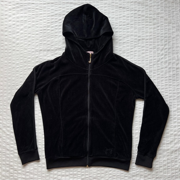 VTG Y2K Juicy Coture Rare Black Velour Zip Up Hoodie with Rhinestone J, L - Picture 2 of 12